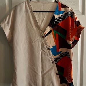 SHEIN Two-Tone Cream and Multicolor Geometric Wrap Top